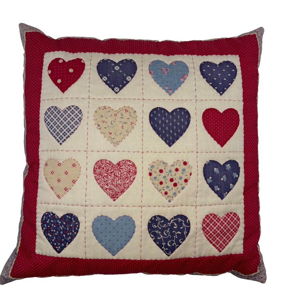 Vtg Quilted Heart Pillow Cottagecore Calico Floral Country Patchwork Cushion 15"